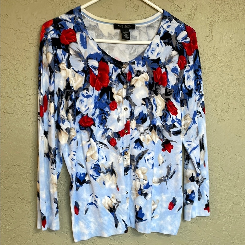 White House Black Market Red and Blue Floral Cardigan